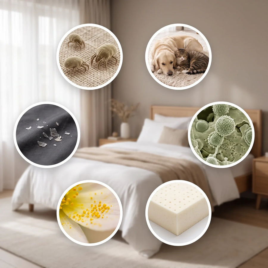Allergenen in en rond het bed: huisstofmijt, huisdieren, huidschilfers, schimmel, pollen en latex rond een fris opgemaakt bed