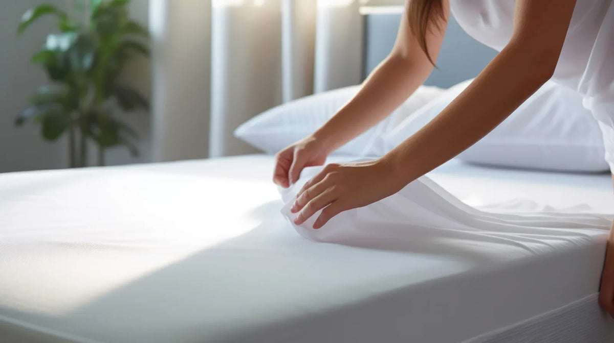 Handen die een schoon wit hoeslaken strak over een matras trekken