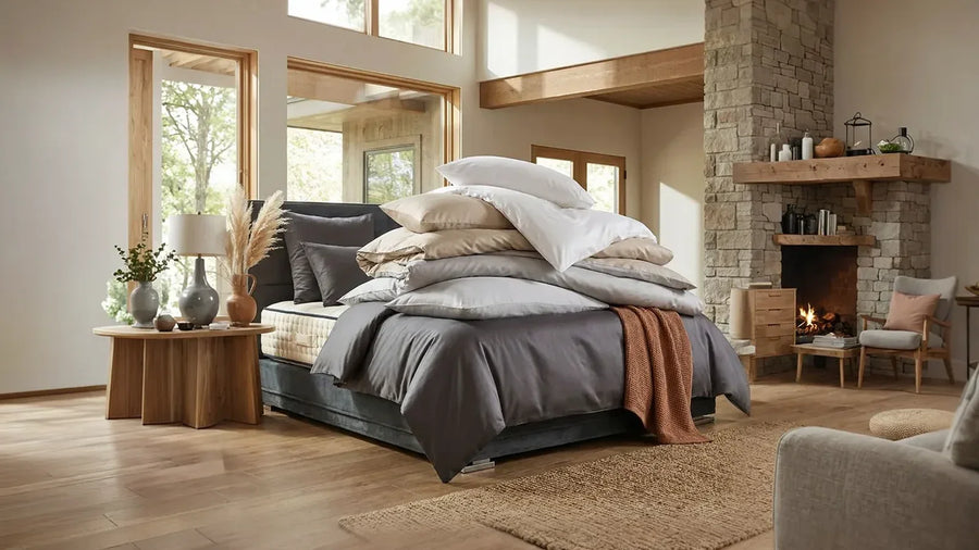 Fris opgemaakt bed met beddengoed en een open haard