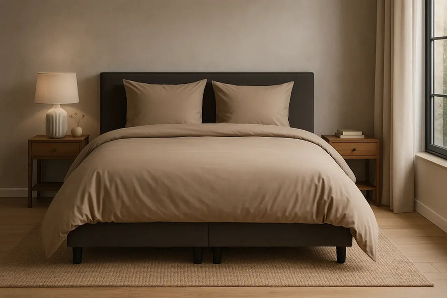 Rustig opgemaakt bed met taupe dekbedovertrek