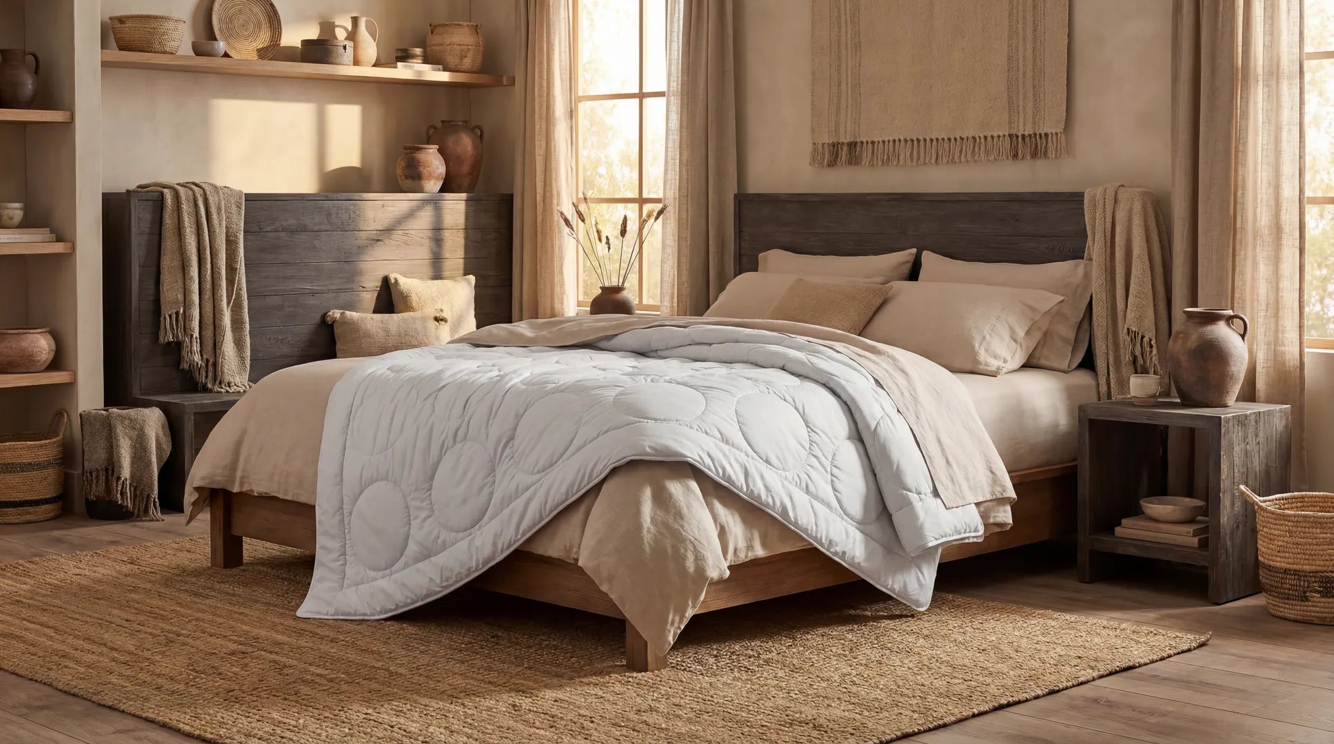 Kameelhaar dekbed gedrapeerd over bed in een slaapkamer met aardetinten